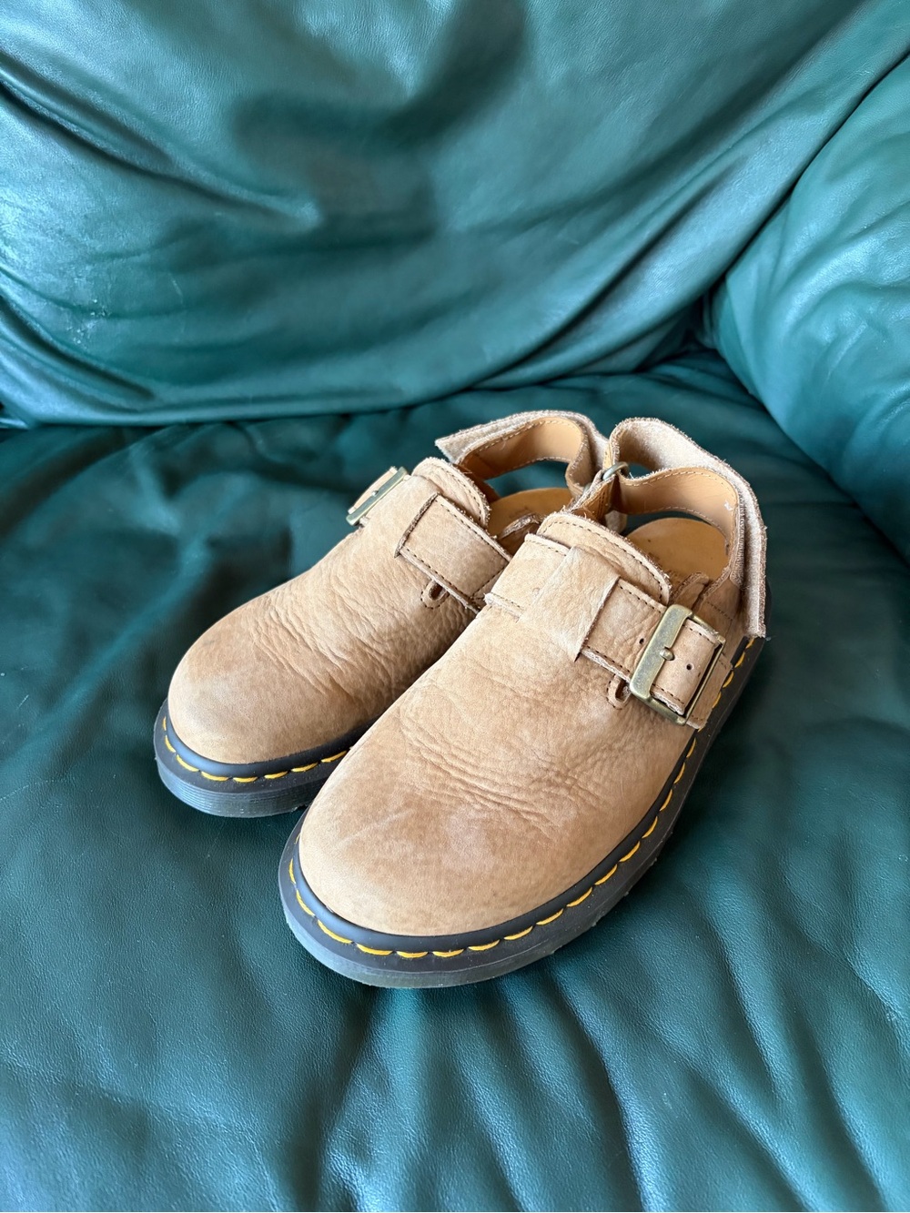 Dr. Martens Tan Suede Buckle Clog with Yellow Welt Stitching - Picture 3 of 4